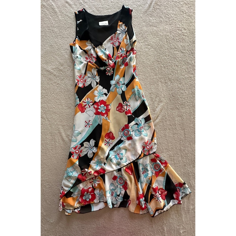 Sharon Max Floral Cowl Neck High Low Ruffle Hem Midi Dress Black Orange Red S